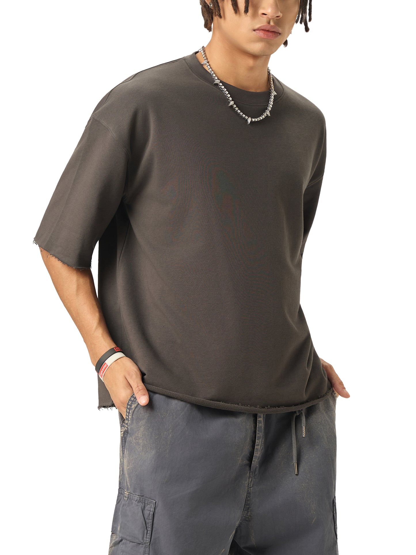 Boxy Half-Sleeve Raw-Edge T-Shirt Skate Top