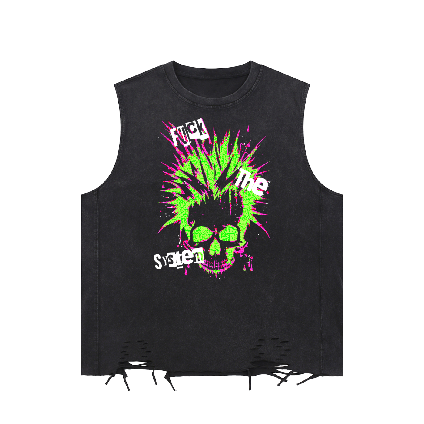 Fuck The System Snow Washed Raw-Hem Tank Top Black