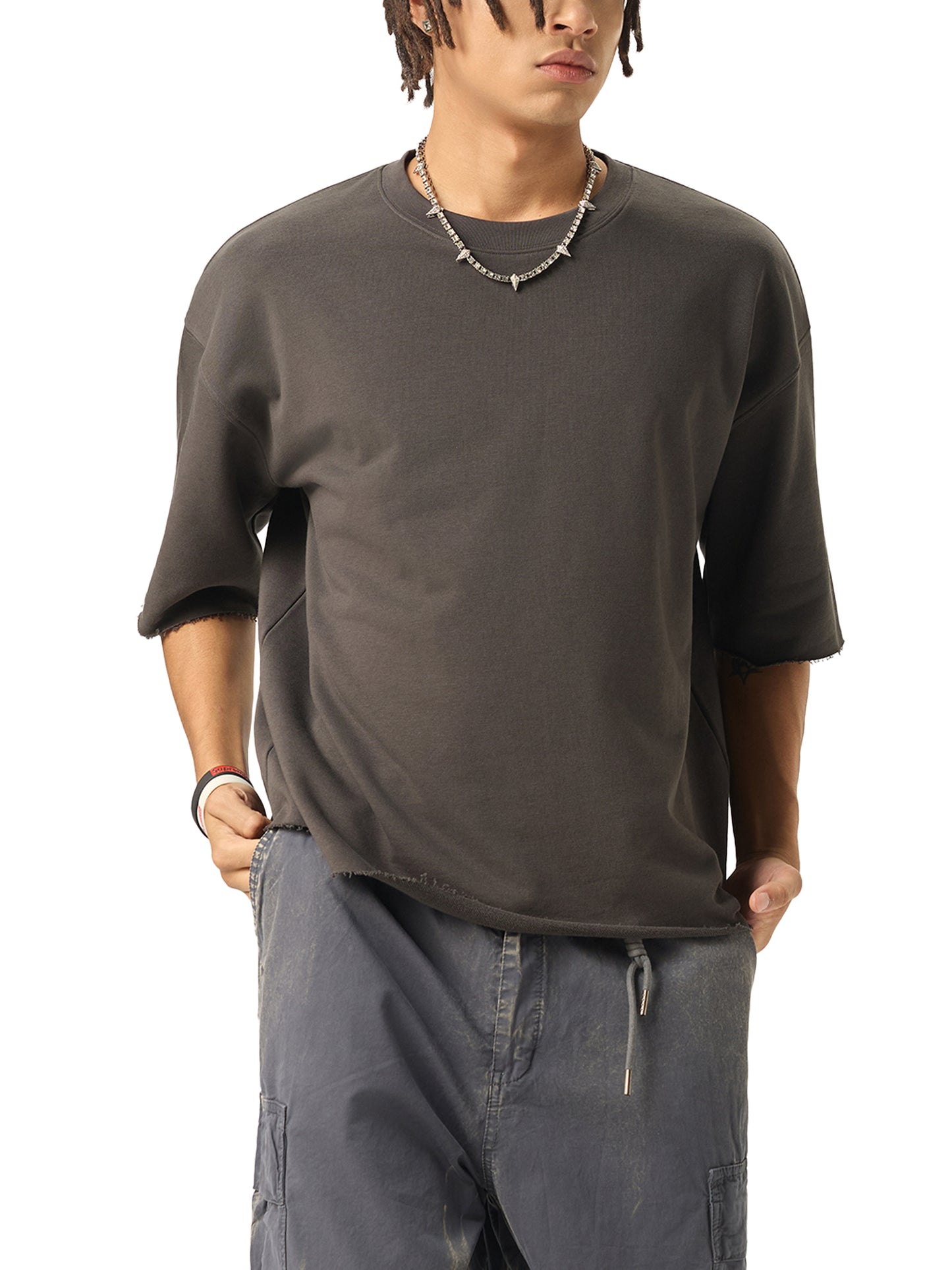 Boxy Half-Sleeve Raw-Edge T-Shirt Skate Top