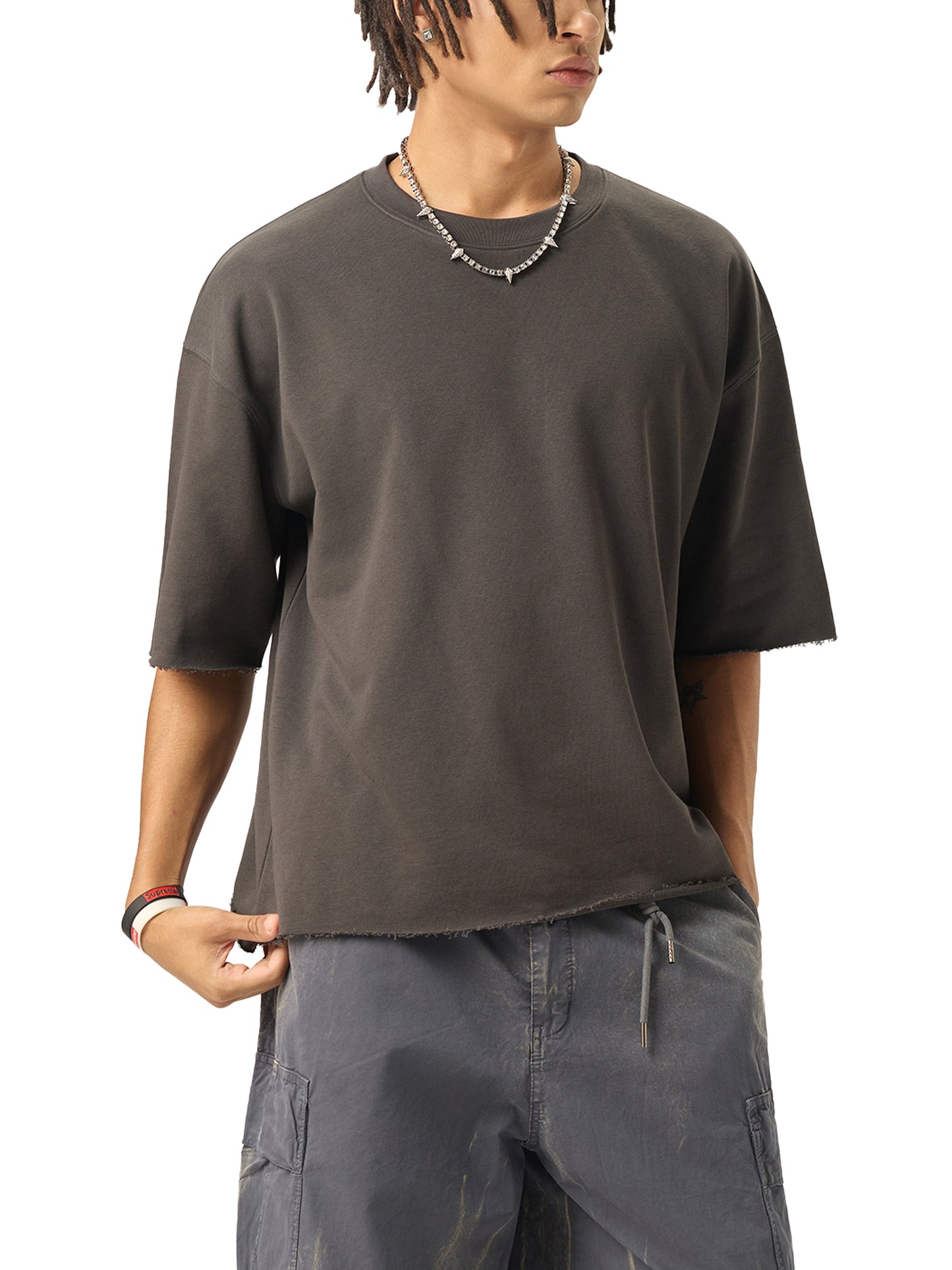 Boxy Half-Sleeve Raw-Edge T-Shirt Skate Top
