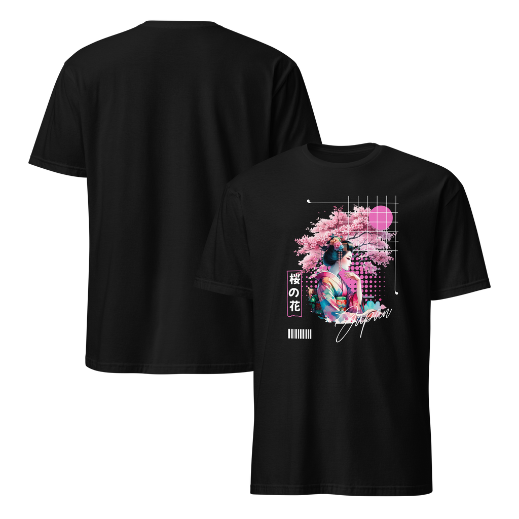 Japanese Blossom Pink And Black Softsyle Cotton T shirt